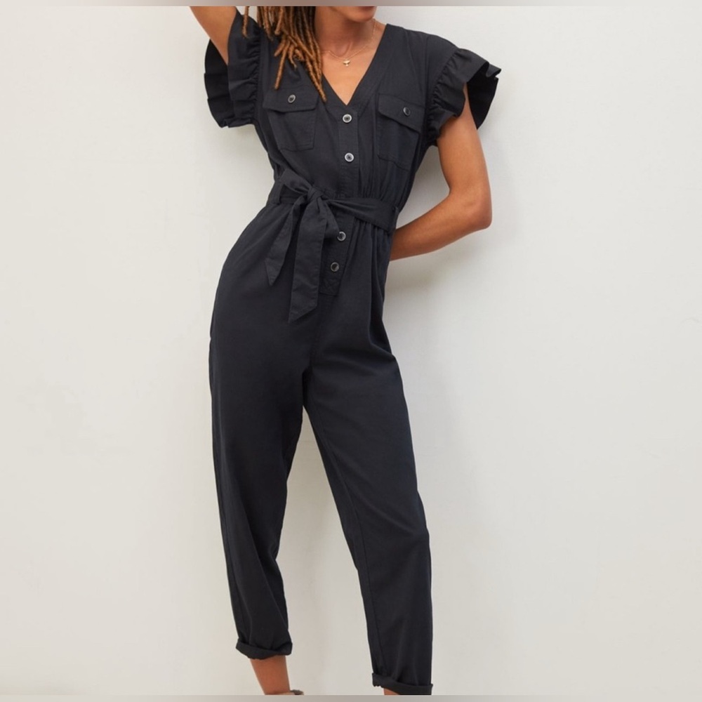 Anthropologie Black Ruffle Sleeve Jumpsuit